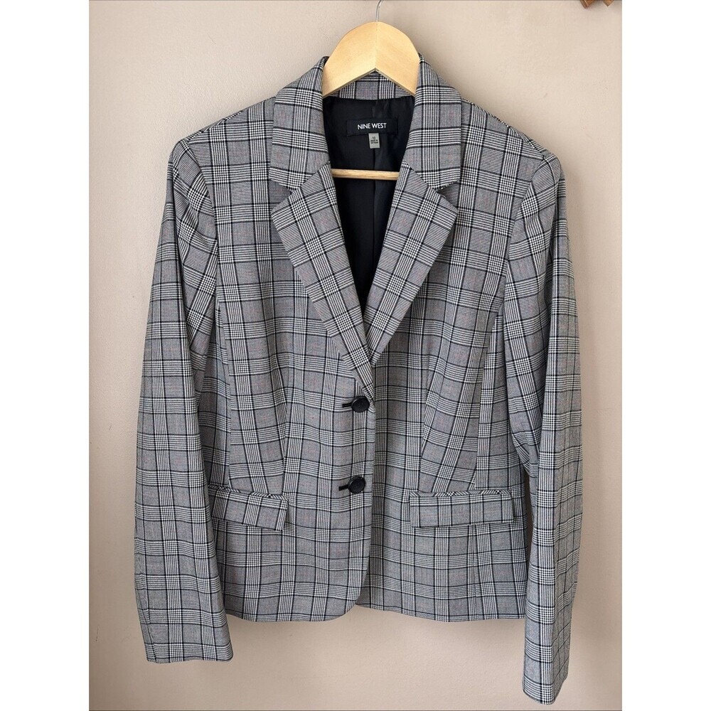 Nine West Glen Plaid Blazer Womens 10 Grey Red Single Breasted Jacket